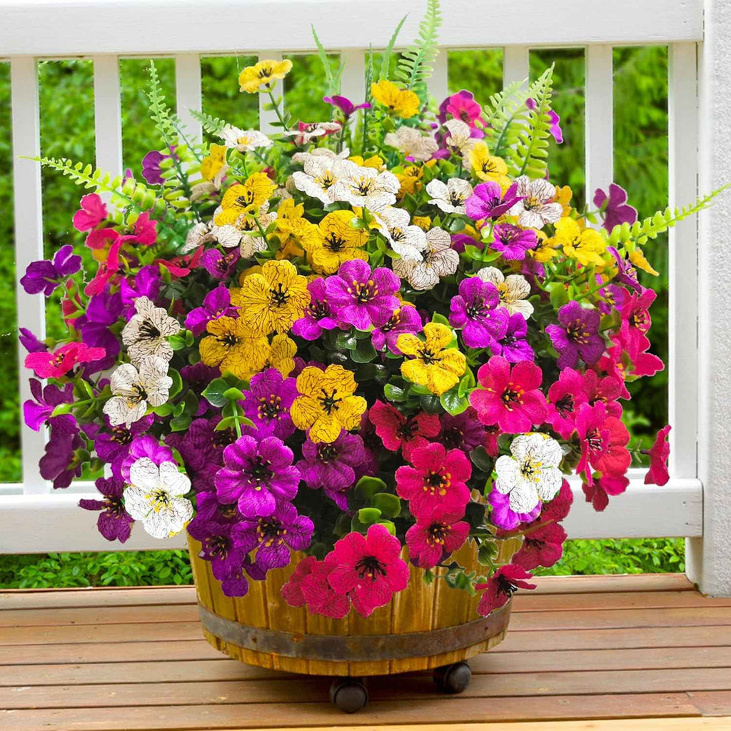 Artificial Fake Flowers for Outdoors,16 Bundles Artificial Plants Outdoor Faux Plants UV Resistant, Realistic Faux Silk Flower 6 Colors Spring Summer Decor for Porch Outside Planter Window Box