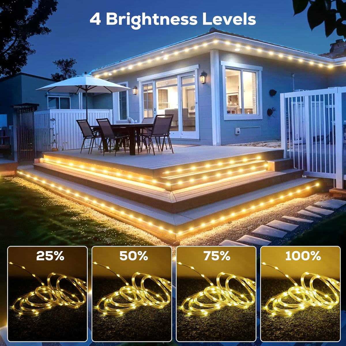 100FT 720 LED Rope Lights Outdoor Waterproof with Remote, 8 Modes and 4 Brightness, Rope Lights for Outside, Bedroom, Patio, Garden, Christmas Lights Indoor Outdoor Decoration (Warm White)