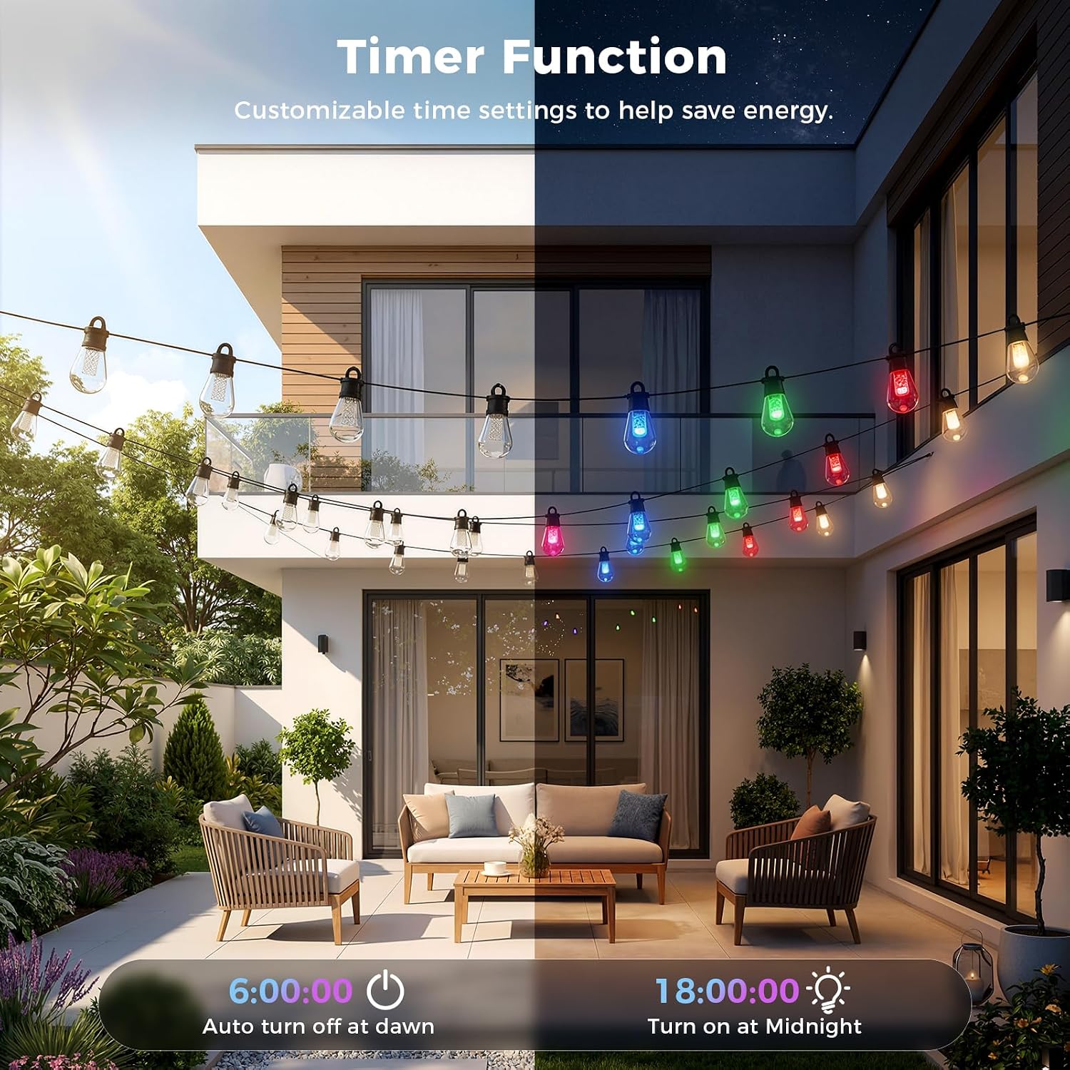 CDN Outdoor String Lights, 80FT Smart RGBW Patio Lights for Backyard | IP65 Waterproof, App, Alexa & Google Control, 111 Modes, Music Sync and Dimmable Warm White for Date Nights BBQs and Parties