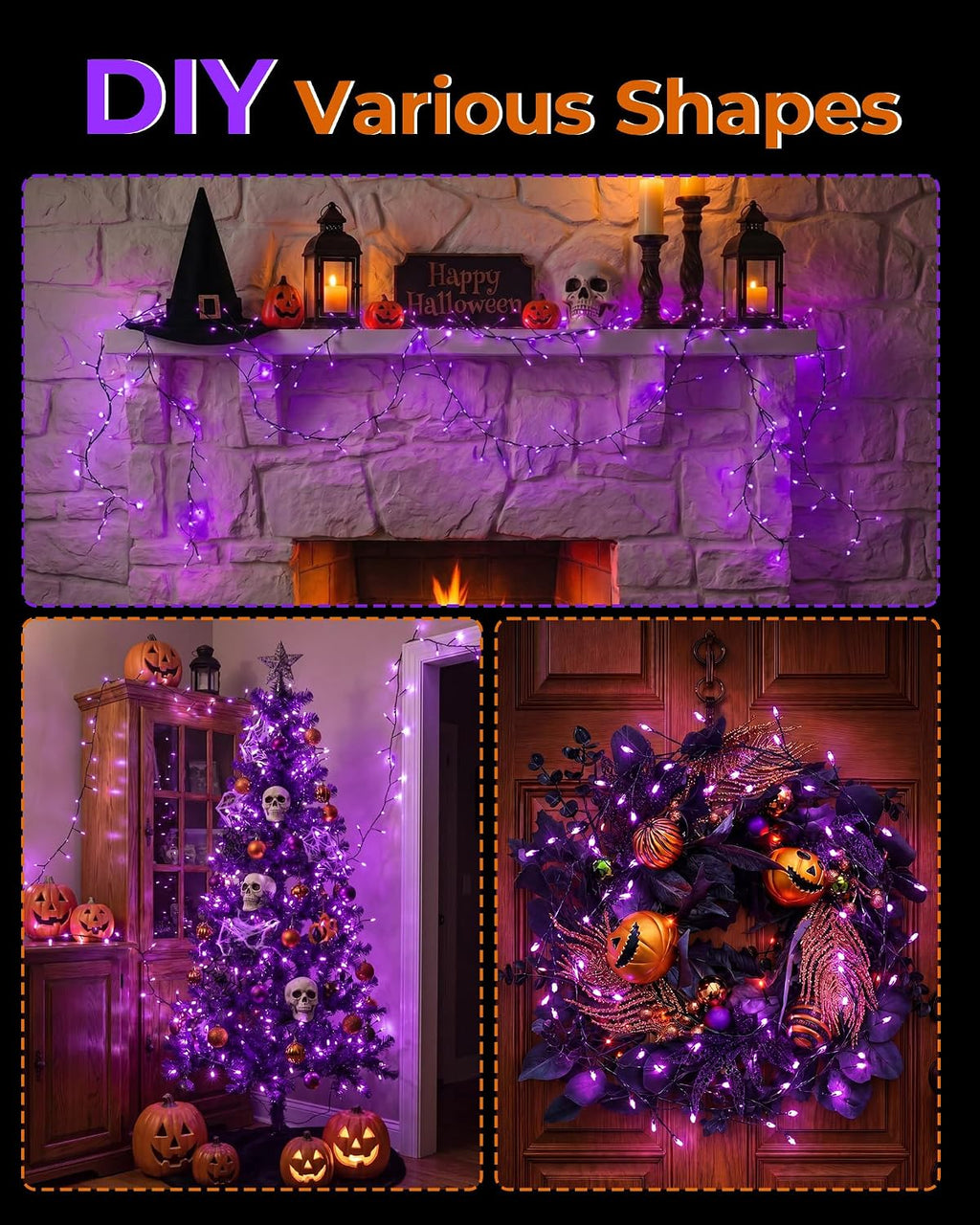 Halloween Fairy Lights Plug in, 10Feet 200 LEDs Firecracker String Lights with Remote, Waterproof Cluster String Lights for Ceiling Bedroom Wreath Window Bar Haunted Theme Halloween Decoration, Purple