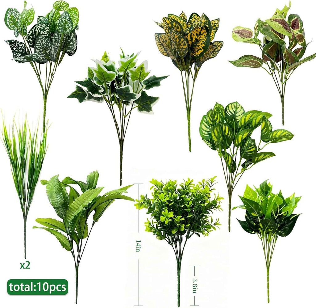 Artificial Plants Outdoor Greenery Fake Plants, 10 Bundles | Large Bunches Faux Plants with Stems and Plastic Leaves, Outdoor Bushes for Patio Front Porch Yard Garden Decor)