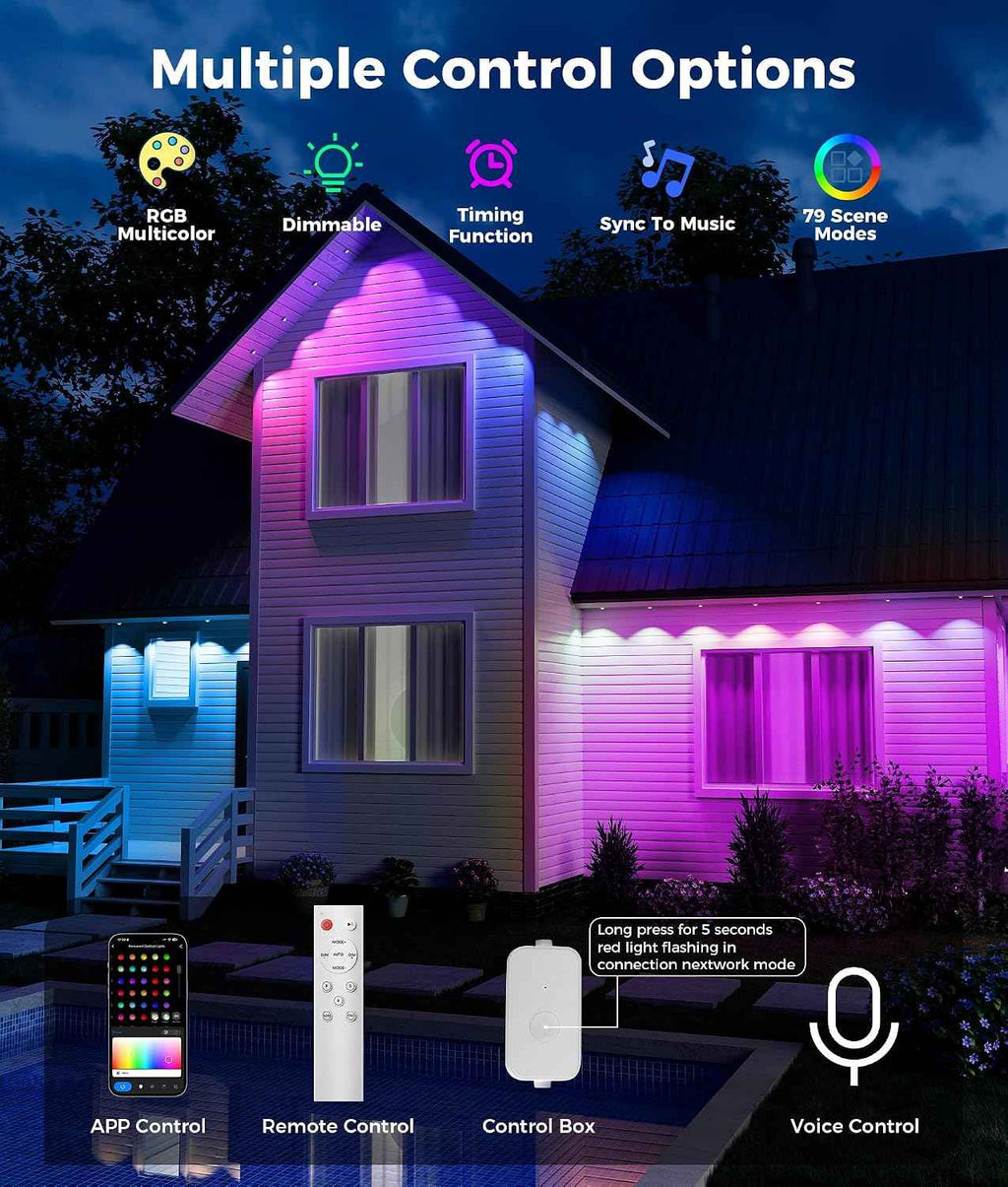 DeckTok Permanent Christmas Lights Outdoor, 100ft RGB & 60pcs LED Lights | 79 Scene Modes with Timer for Smart Outdoor Christmas Decorations, IP67 Waterproof Works with Alexa and Google Assistant