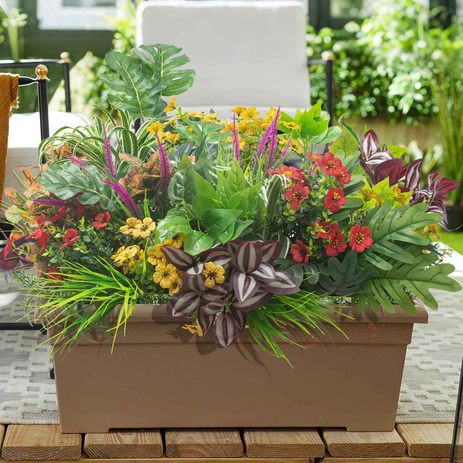 Grunyia 20PCS Fake Flowers UV Resistant Artificial Plants & Faux Shrubs - Outdoor Plastic Greenery Stems for Garden Porch, Window Box Planter, Home Decor(Pot Not Included)