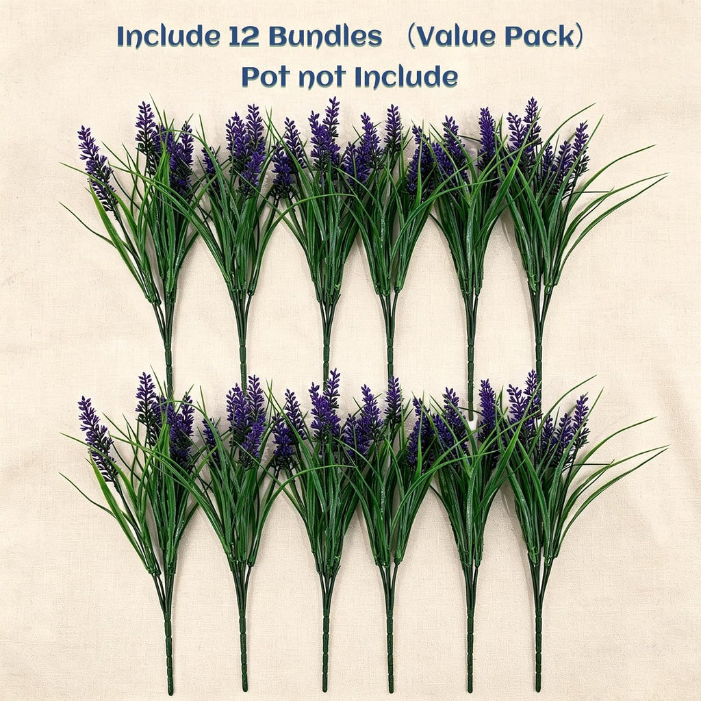 12Pcs Artificial Fake Flowers Monkey Grass for Outdoors, UV Resistant Realistic No Fade Faux Greenery Plants with Purple Flowers for Planter Home Garden Porch Patio Window Box