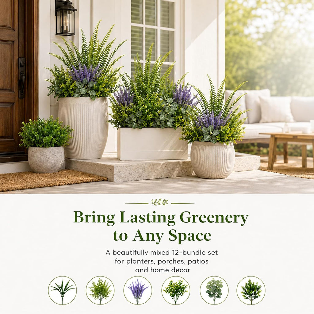 Outdoor Faux Plants UV Resistant - 12 Bouquets Realistic Artificial Eucalyptus Persian Leaf Lavender Greenery for Patio Garden Front Porch Decor Weatherproof Fake Plants for Outside