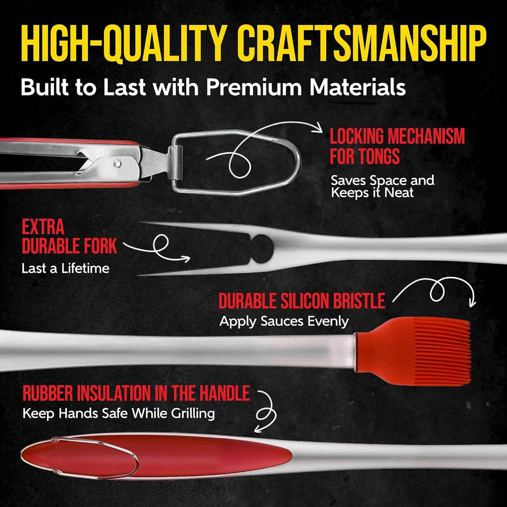Kaluns BBQ Grilling Accessories, Grilling Gifts for Men Dad, Grill Tools for Outdoor Grill, Heavy Duty Stainless Steel Grill Set with Spatula, Tongs, Fork, Brush, & Grilling Mat, Best BBQ Gifts
