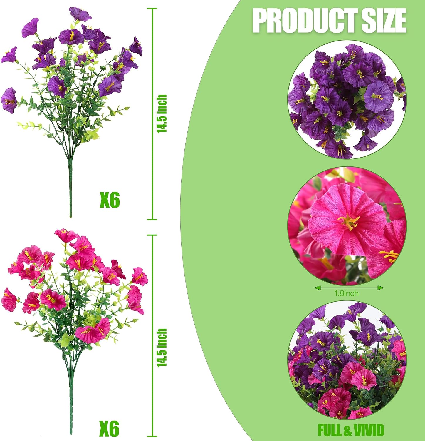 Artificial Flowers for Outdoors 12 Bundles Realistic Faux Plants UV Resistant Fake Silk Morning Glory with Eucalyptus for Front Door Planter Patio Porch Spring Summer Decoration (2 Mixed Color)
