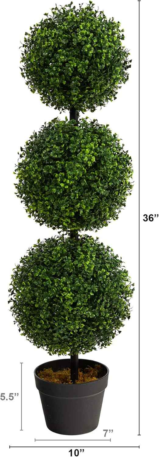 Nearly Natural 36 in Artificial Triple Ball Boxwood Topiary Tree with Pot | For Indoor or Outdoor Use, Realistic Faux Greenery, Home Patio and Office Decor, Low-Maintenance