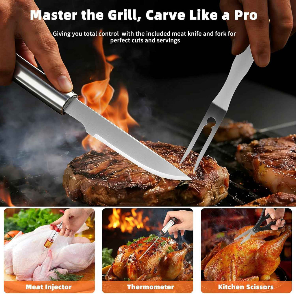 BBQ Grill Accessories, 32Pcs Grilling Gifts for Men Birthday Fathers Day, Heavy Duty Stainless Steel Grill Tool Set, Grill Utensils Kit for Outdoor Grill with Case, Thermometer & Meat Injector | Fathers Day Grill Gifts for Dad, Grill Utensils Kit with ...