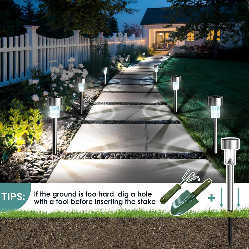 GIGALUMI Outdoor Waterproof Solar Garden Lights, 12 Pack Cold White | Stainless Steel LED, Ideal for Patio Lawn Yard Landscape, Durable Decorative Lighting
