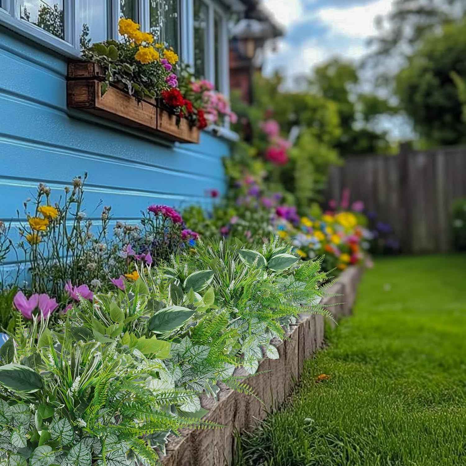 16PCArtificial Greenery Shrub Stems Fake Flower Plants for Outdoor | UV Resistant Faux Outdoor plants, Fake Shrubs Plants for Patio Garden, Front Porch, Window Box, Spring Summer Home Decor