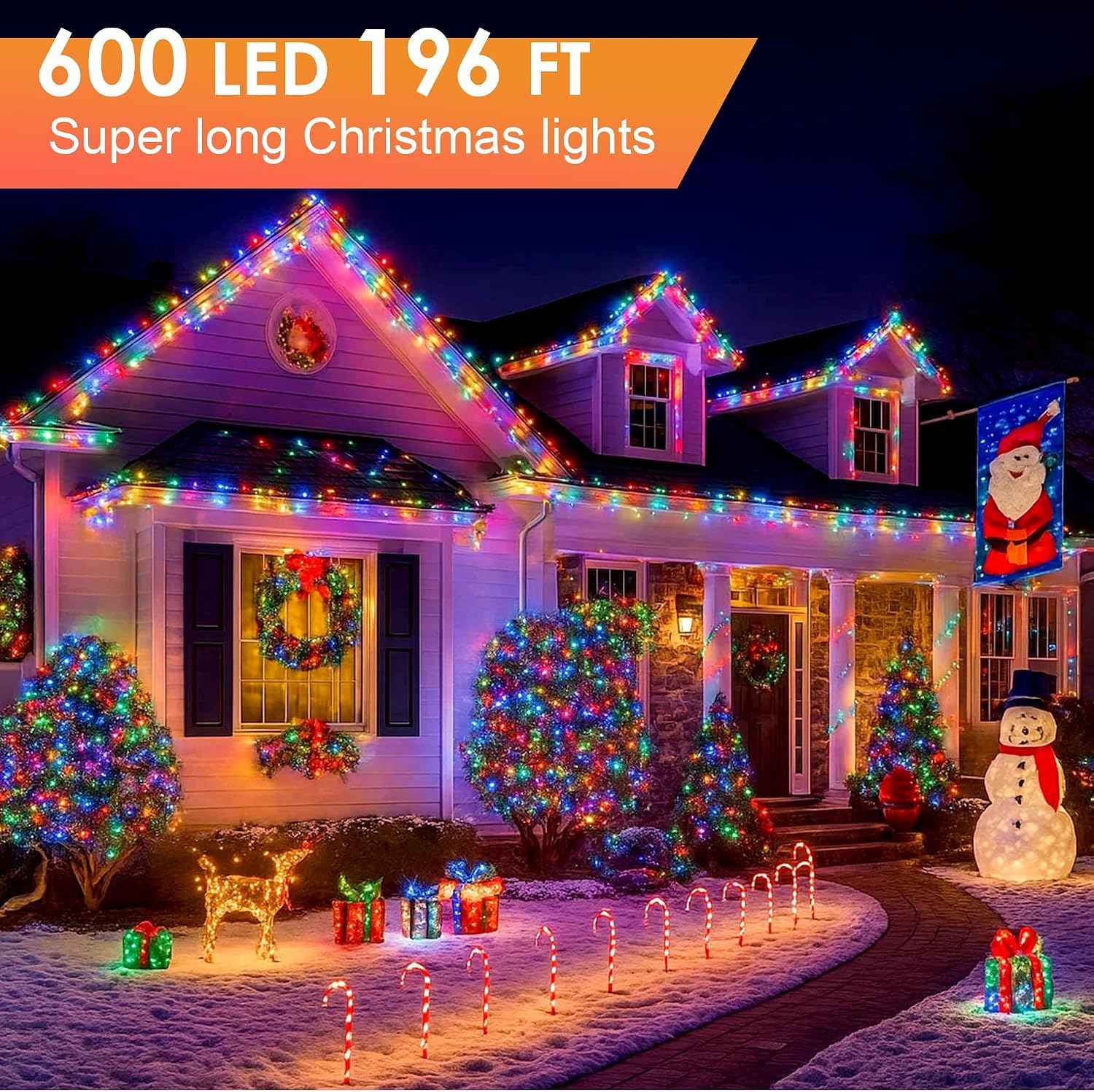 Christmas Lights 600 LED 196FT, IP67 Waterproof Christmas Tree Lights with 8 Modes, Outdoor String Lights with Timers & Memory Function, Xmas Light for Holiday Decor (Multicolored)