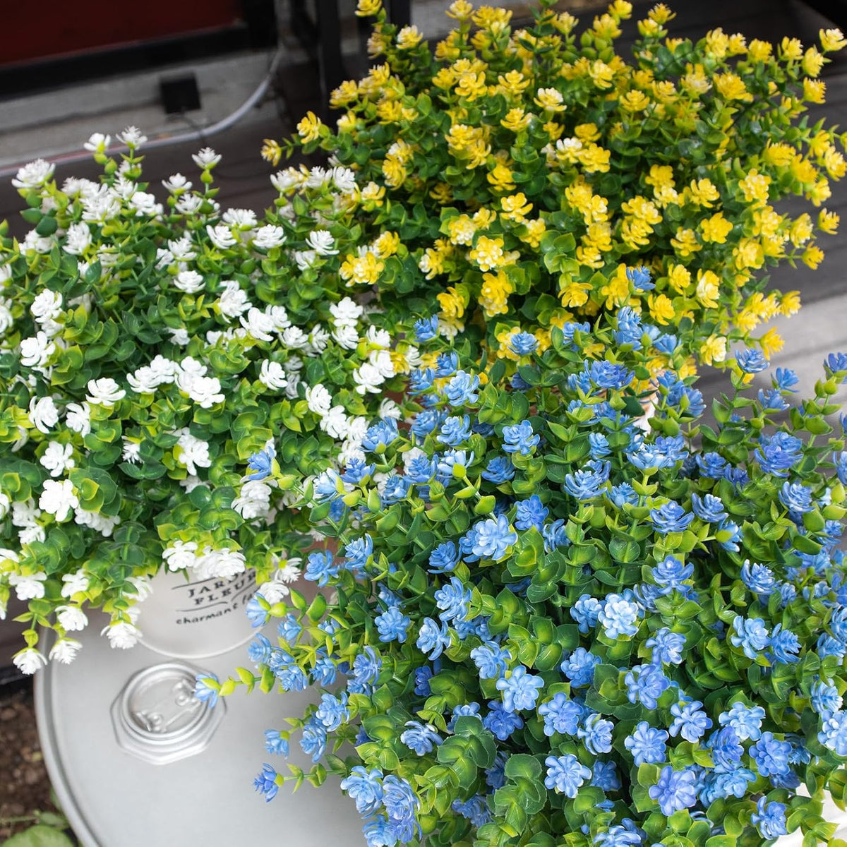 No Fade Artificial Flowers Outdoors, 16 Bundles Realistic Floral Greenery Plants UV-Anti Plants Fake Boxwood for Outdoor Indoor Home Garden Porch and Window Box Décor – Blue