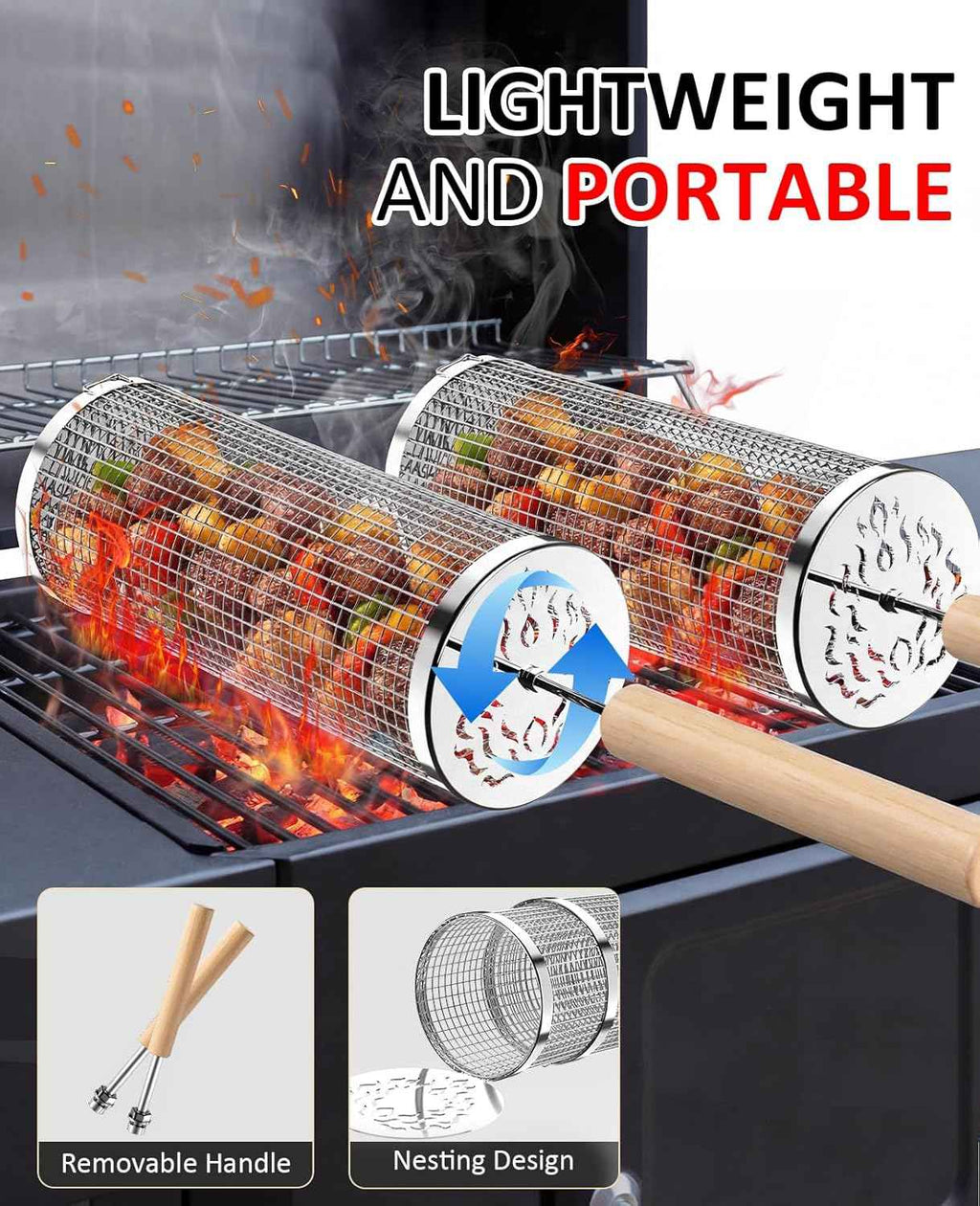 Rolling Grill Basket, Grill Gift for Men, Removable Wooden Handle, 304 Stainless Steel, Nesting BBQ Tools for Vegetable, Outdoor Smoker Camping Accessories, Ideal Gifts for Men Dad Husband Birthday