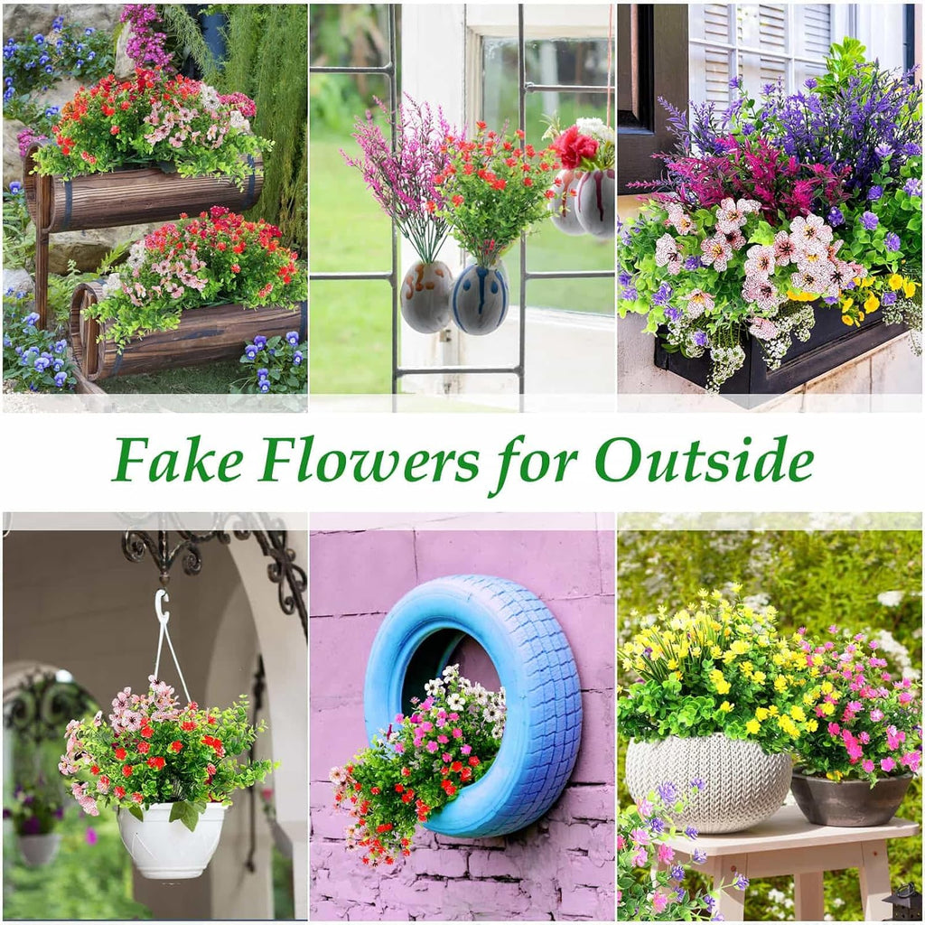 20 Bundles Artificial Spring Summer Flowers Bulk for Outdoors, UV Resistant | Silk Fake Wildflowers and Plastic Faux Lavender Plants for Outside Garden Patio Porch Window Box Hanging Basket Decor