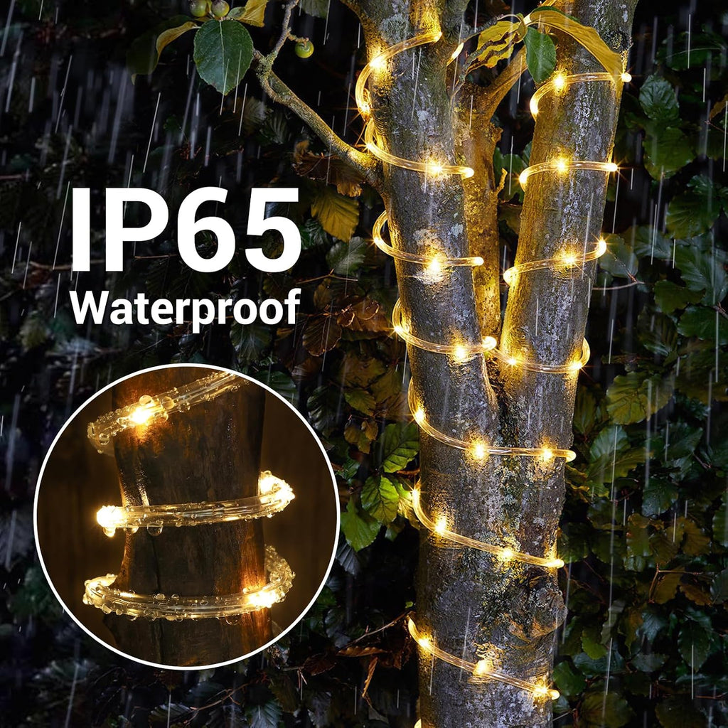 Solar Rope Lights, 66ft 200LED Solar String Lights, 8 Modes, Waterproof | Solar Outdoor Light, Flexible Clear Trampoline Light for Garden Backyard Patio Deck Porch Pool Tree Decorations - Warm White