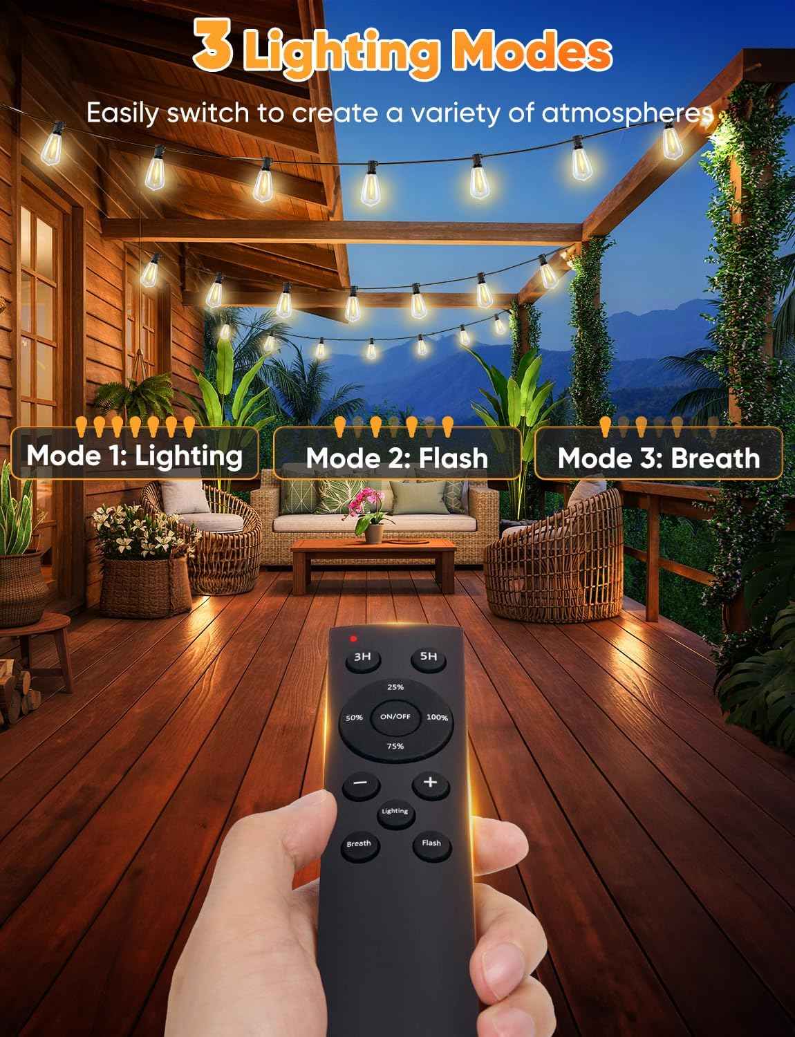 Brightever LED Outdoor String Lights with Remote, 100FT Commercial Grade Waterproof Outdoor Patio Lights, 30+2 ST38 Dimmable Edison Bulbs, 2700K Warm White Rope Light for Outside, Low Voltage 24V