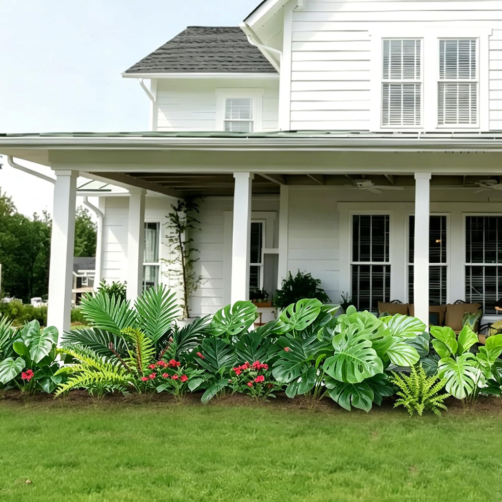 8 Bundles Large Artificial Plants Outdoor UV Resistant, Faux Greenery with Tropical Leaves & Hanging Ferns, Realistic Fake Plants for Outdoor Planters, Front Porch, Patio, Window Boxes, Garden Decor