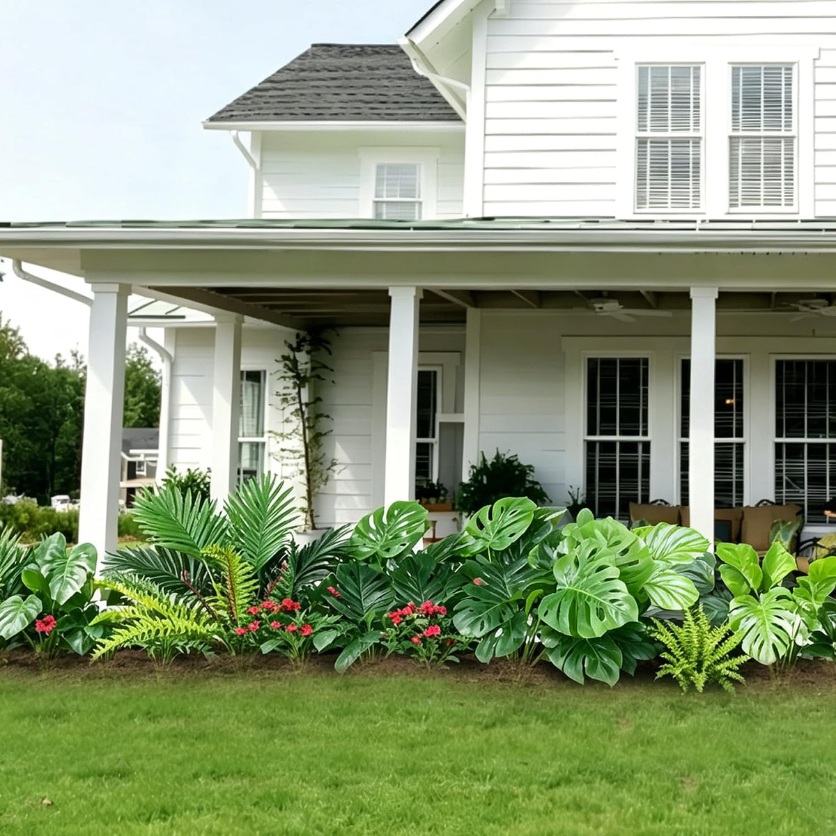 8 Bundles Large Artificial Plants Outdoor UV Resistant, Faux Greenery with Tropical Leaves & Hanging Ferns, Realistic Fake Plants for Outdoor Planters, Front Porch, Patio, Window Boxes, Garden Decor