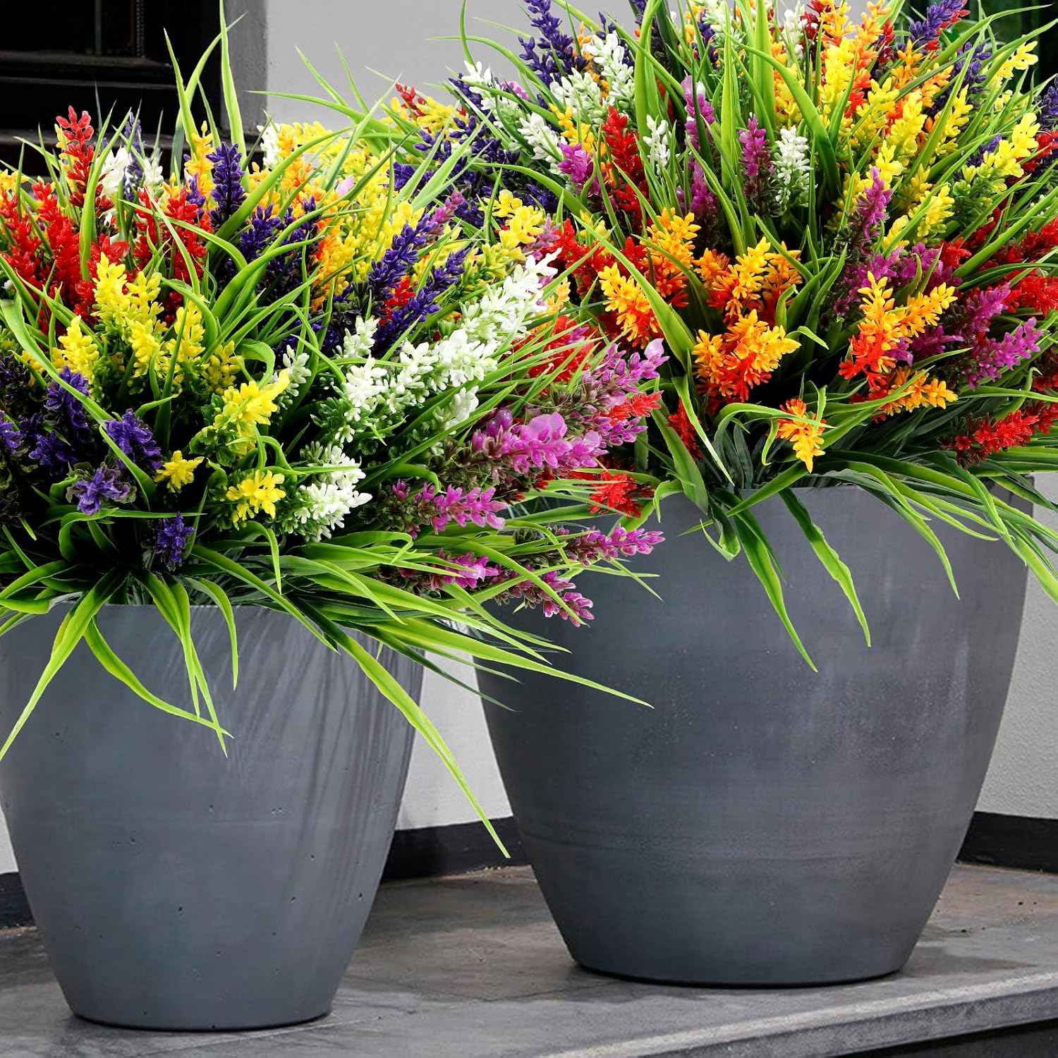 24 Bundles Artificial Plants Flowers Outdoor, UV Resistant,Mix 6 Colors | Faux Plants with Monkey Grass, Realistic Plastic Flowers for Garden Porch Window Box Patio Hanging Planter Decor