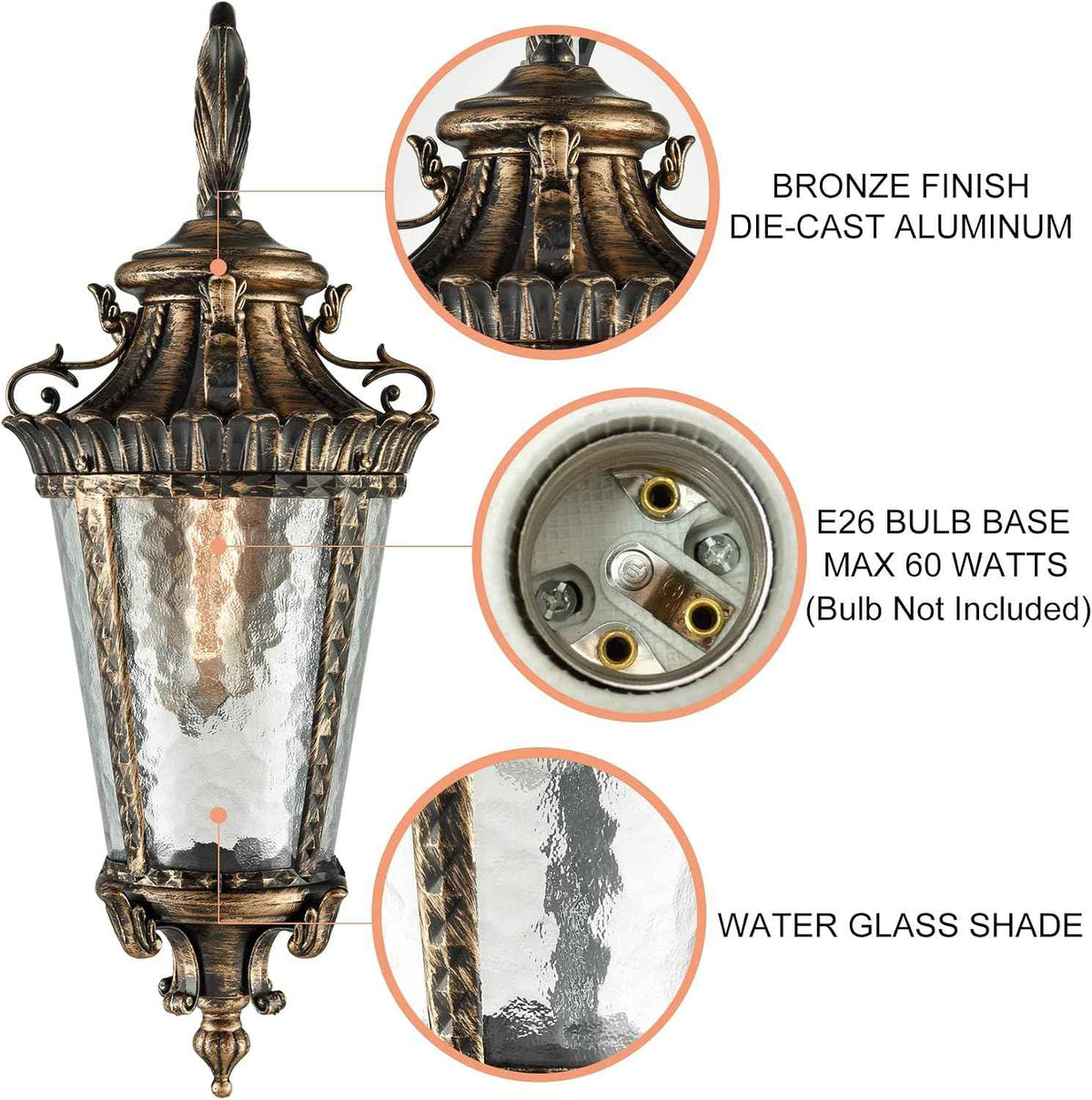 SAMTEEN Vintage Bronze Outdoor Wall Light Fixtures | 21-Inch Exterior Wall Sconce with Water Glass Shade, Waterproof Wall Lantern Aluminium Porch Lights for Garage Yard House