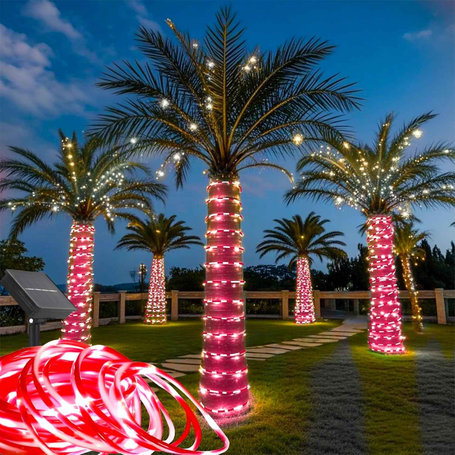 Honche Solar Rope Light 33FT 100L Outdoor Candy Cane Rope Lights Weatherproof for Terrace Tree Fence Patio Garden Yard Home Wedding Birthday Vacation Holiday Christmas Decor(Candy)