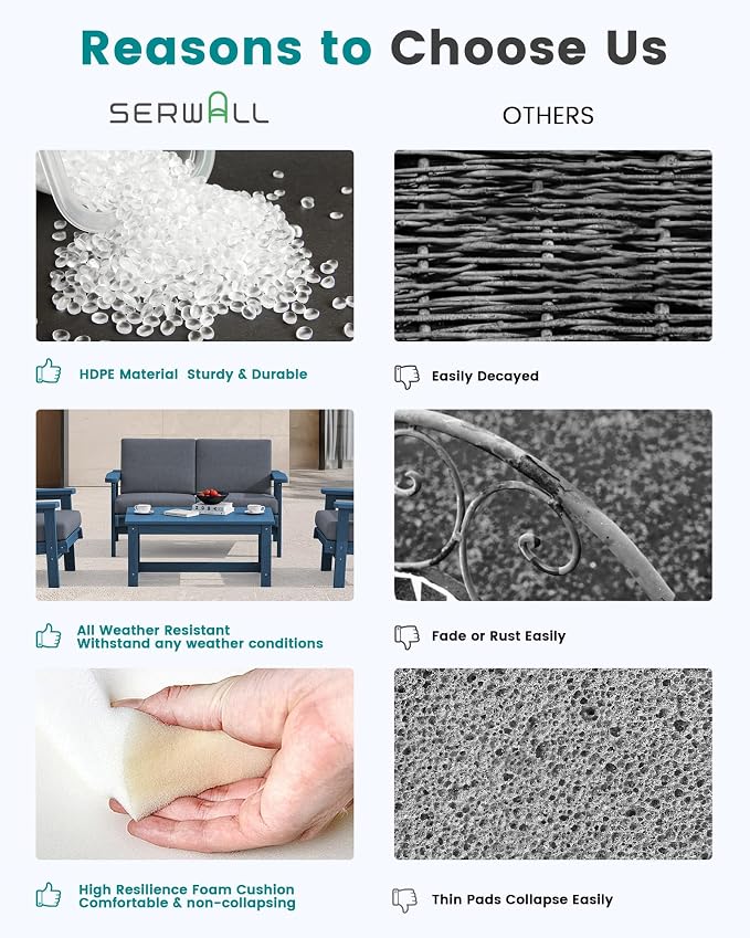 SERWALL HDPE Outdoor Furniture Set, 7 Piece All Weather Wood-Like Outdoor Sofa - Image 5
