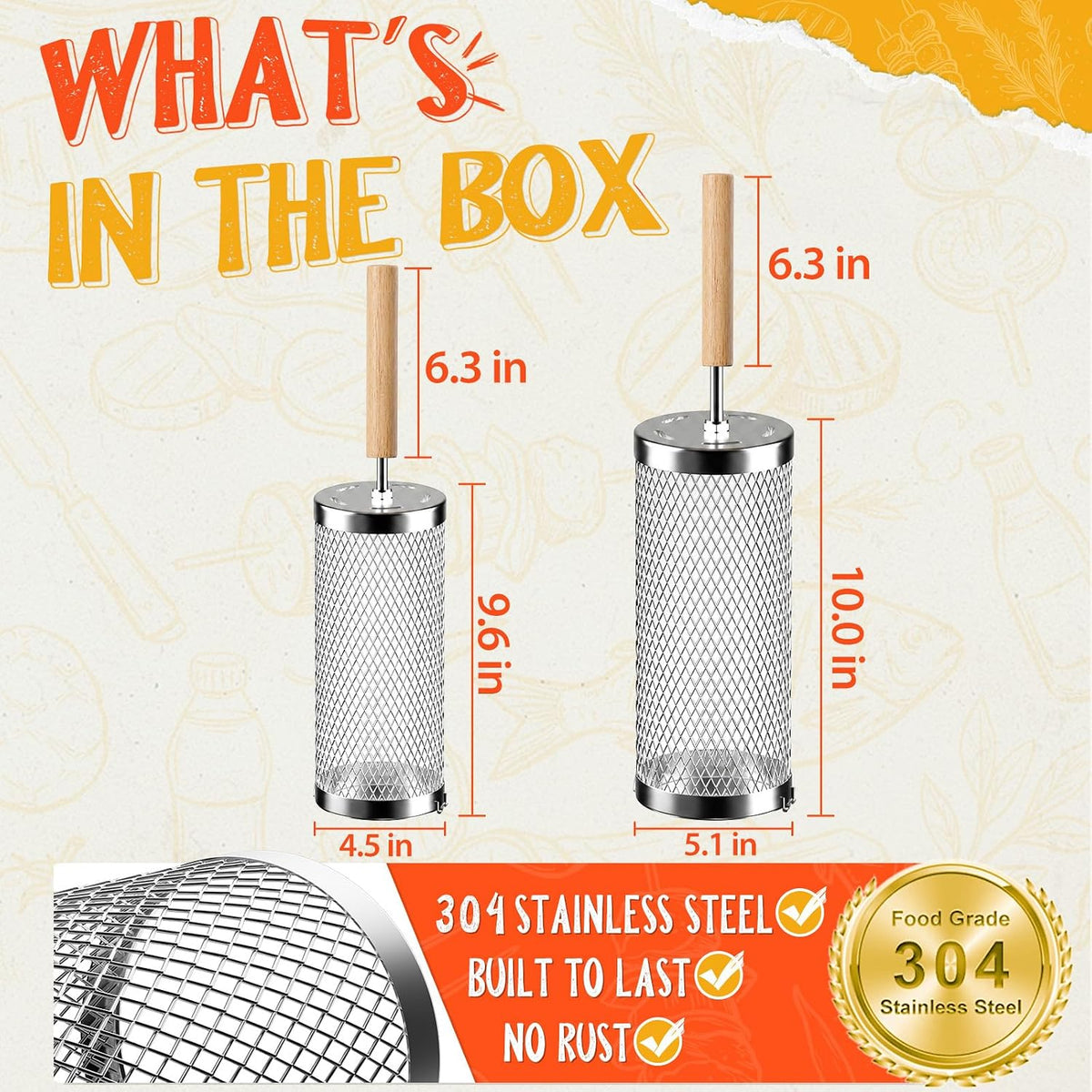 Rolling Grill Basket, Grilling Accessories 2 Pack, Gifts for Men | 304 Stainless Steel, Removable Wooden Handle, BBQ Grill for Vegetable, Outdoor Cooking, Birthday Gifts for Men Dad Husband