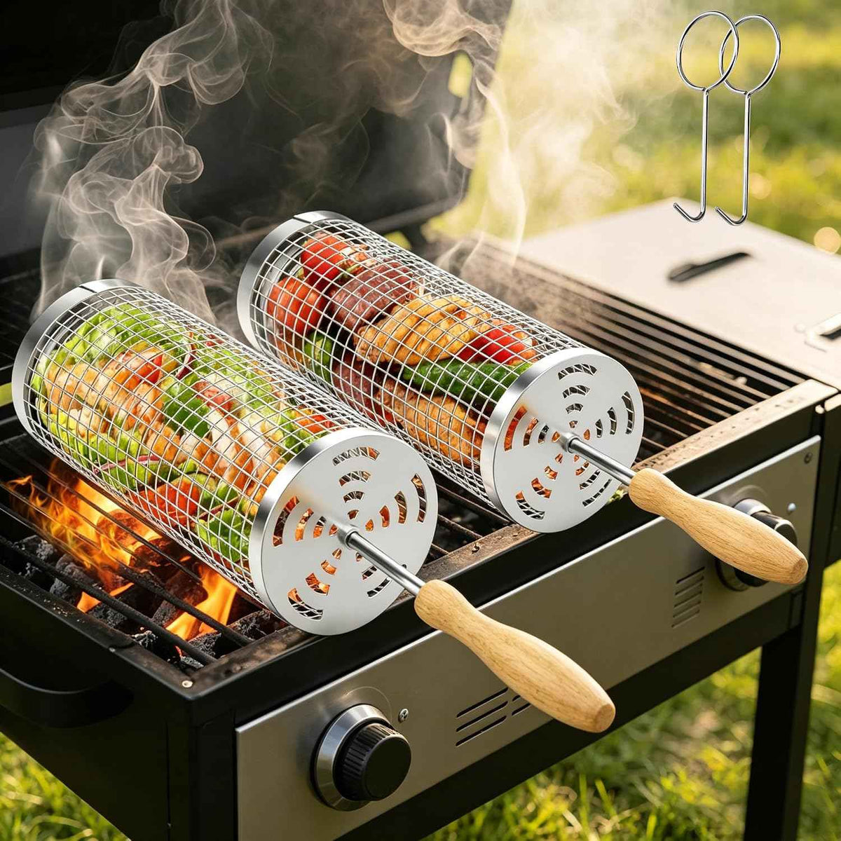 Rolling Grill Baskets, 304 Stainless Steel Grill Basket BBQ Tools | Grill Vegetable, Removable Handle, Heat Resistant, Dishwasher Safe, Nesting Storage, Outdoor Camping, BBQ Gifts for Men Dad