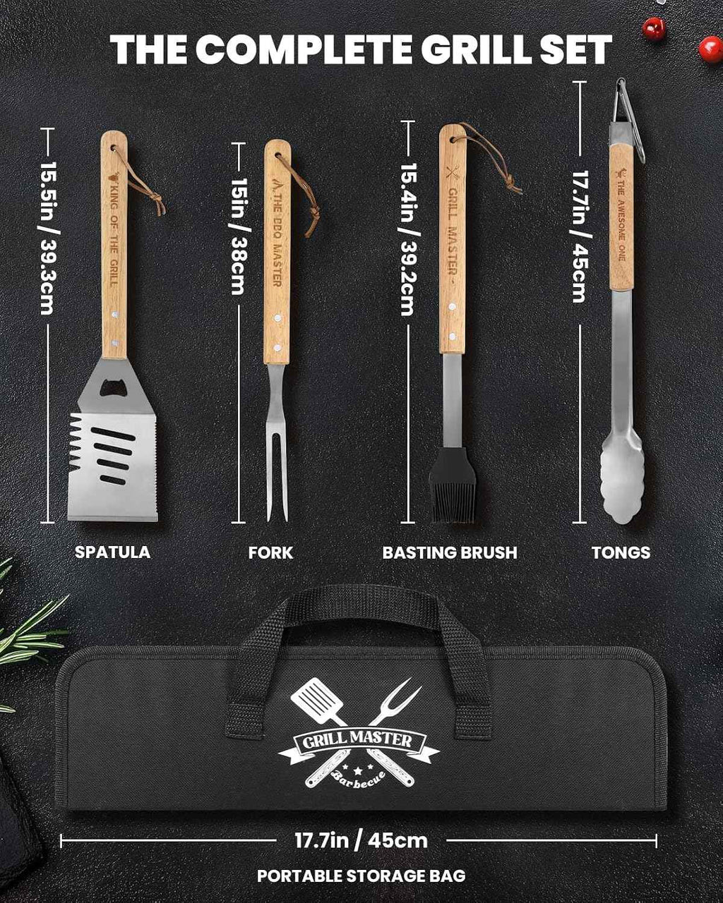 4PCS Grilling Accessories BBQ Tools - Stainless Steel Grill Set with Tongs, Fork, Spatula, Brush, Carrying Bag, Birthday for Men, Father, Husband