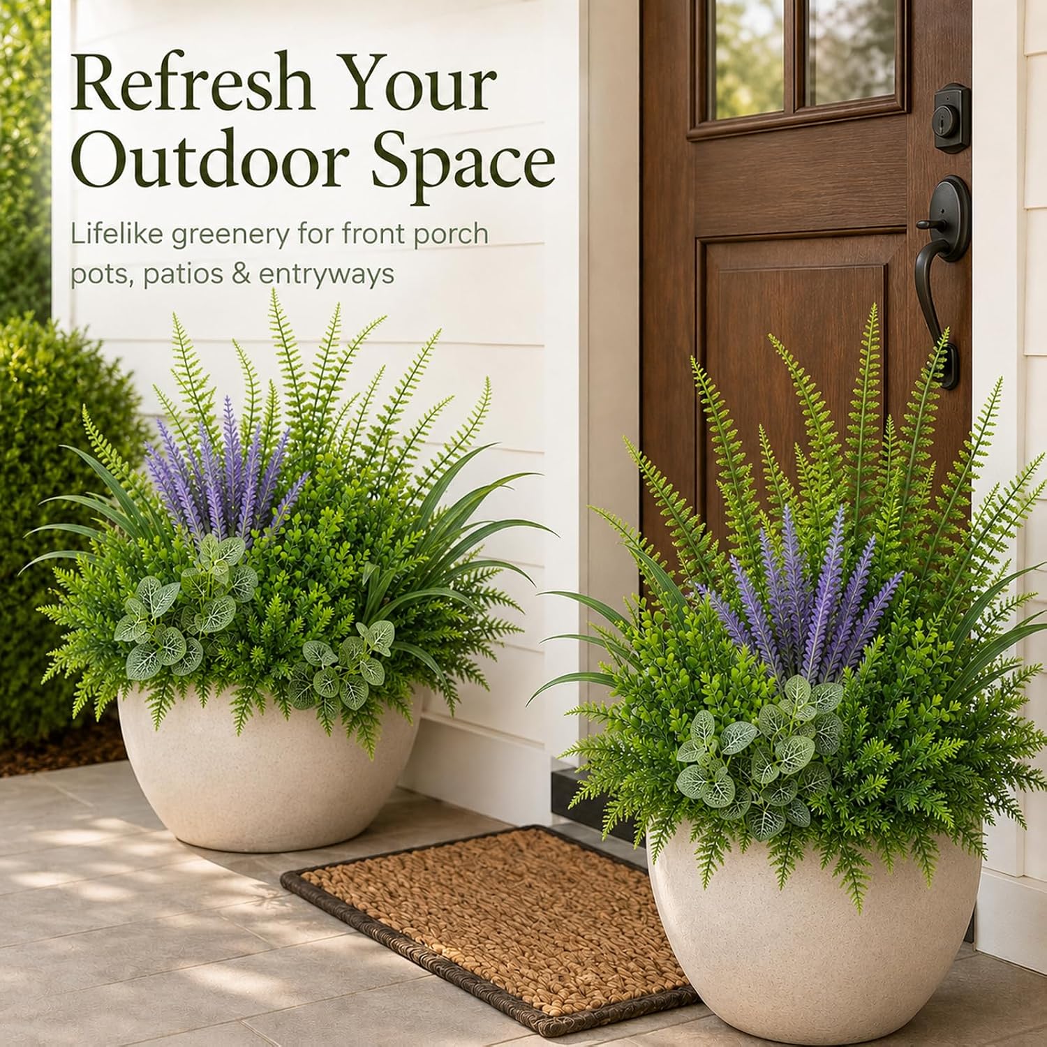 Outdoor Faux Plants UV Resistant - 12 Bouquets Realistic Artificial Eucalyptus Persian Leaf Lavender Greenery for Patio Garden Front Porch Decor Weatherproof Fake Plants for Outside