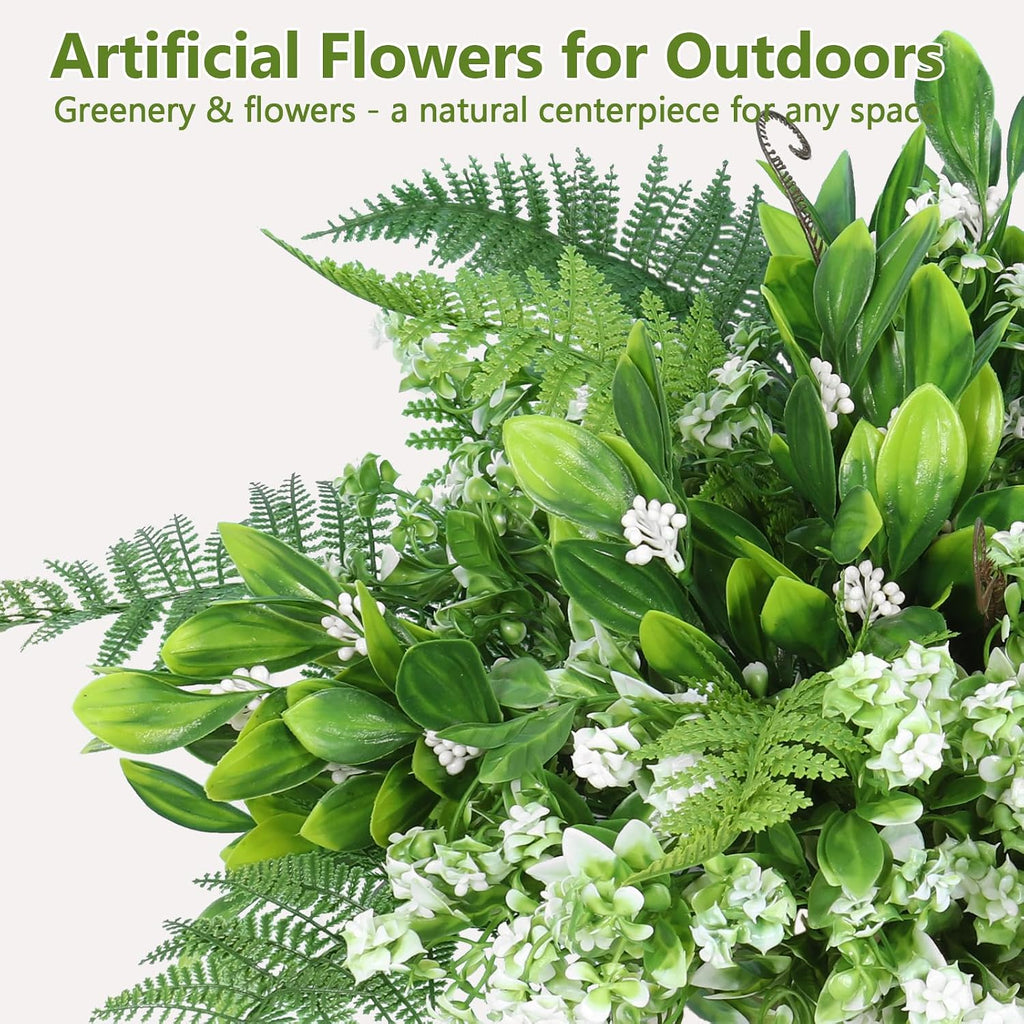 RECUTMS Faux Fern Flowers Plants Set for Outdoors 11 Bundles UV Resistant | Fake Fern,Eucalyptus Shrub with Rose&Berry Bunches for Home Patio Garden Window Box Front Door Porch Yard Planter Decor White