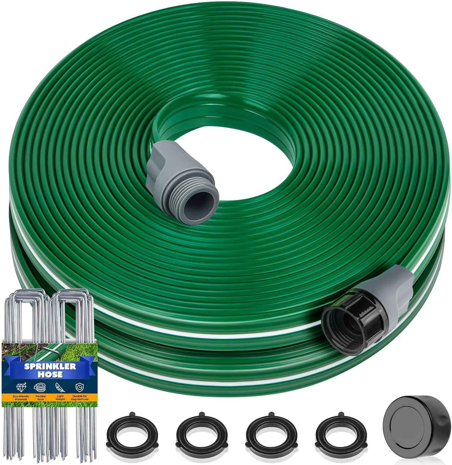 Jin&Bao 50FT Sprinkler Hose Heavy Duty Garden Lawn Water Hose with Staples | High-efficiency sprinkler system,dual-use design,3-6ft even spray,20-60 PSI PVC,comes with fixed staples