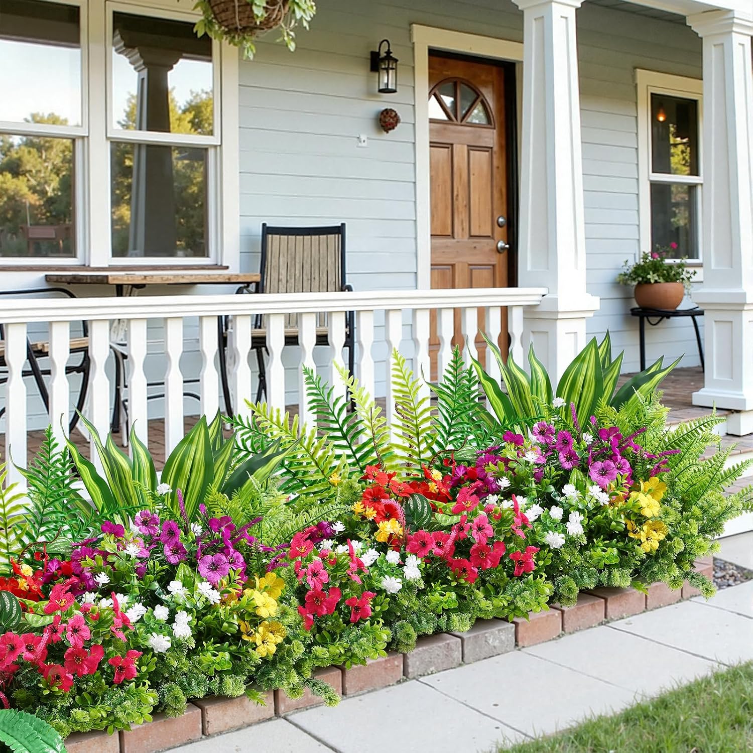 Alupssuc 24 Pcs Artificial Plants Flowers for Outdoors UV Resistant Decor | No Fade Plastic Spring Fake Plants Greenery, For Patio Porch Garden Pathway Home Spring Decor, 4 Colors