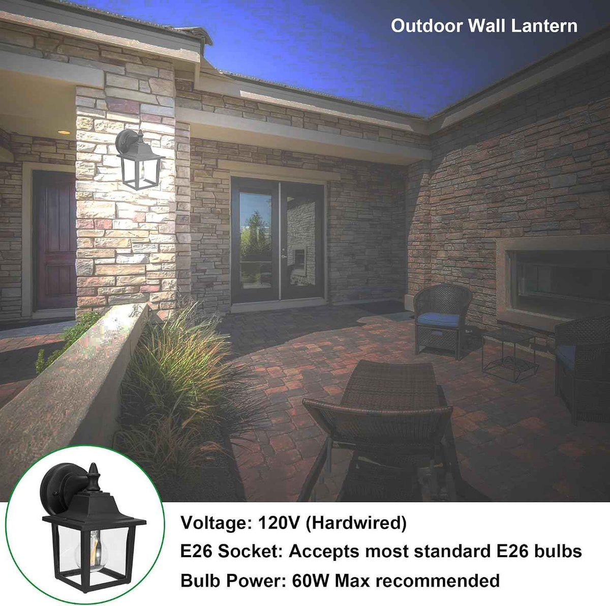 LIT-PaTH Outdoor Wall Light Fixture, Antirust Aluminum Glass, Black 1 Pack | Exterior Porch Light Wall Sconce Lantern for House Patio Garage, Waterproof Rustproof, E26 Socket 60W Max