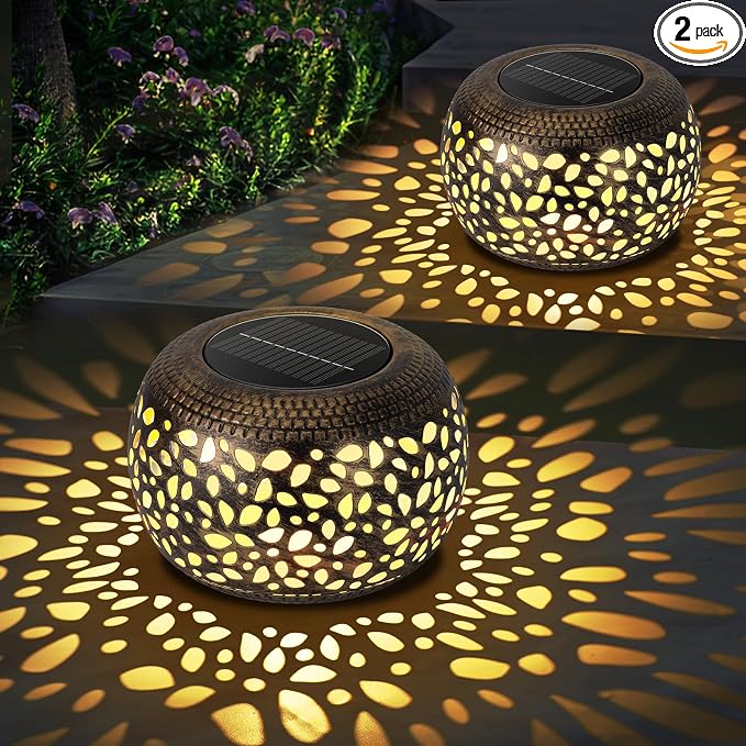 Solar Lanterns Waterproof Outdoor Decor: 2 Pack Hollow Out Retro Metal Solar by NFEVER