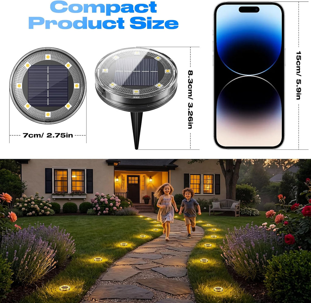 Peasur Solar Ground Lights Outdoor Anti-Rust Disk Lights, 16pack Warm White | IP68 Waterproof, 8 LED Flat Solar Lights Auto ON/OFF Solar Garden Lights for Walkway Driveway Yard Pathway Landscape Lighting