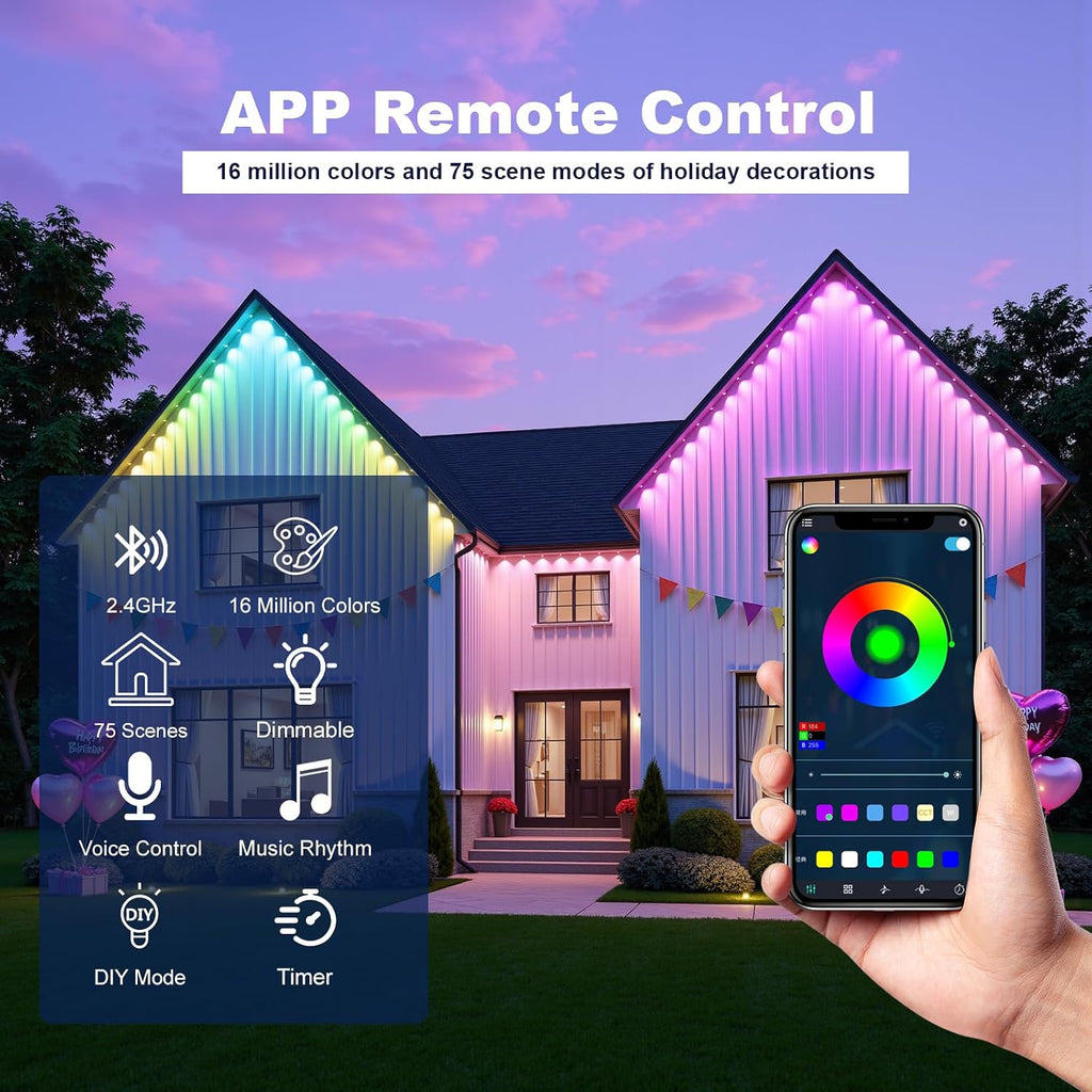 Permanent Outdoor Lights 50ft, Outdoor Lights, with 30 RGBIC LED，with 16 Million Colors and ，IP67 Waterproof, APP/Remote Control Modes, Holiday & Party Decorations