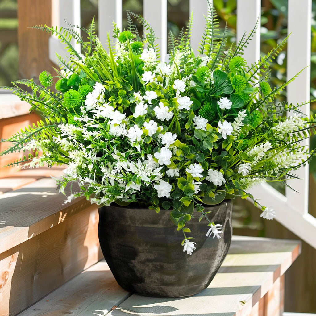 14 Bundles 5 Styles Fake Plants UV Resistant Artificial Outdoor Plant Boston Fern Lavender Plastic Flowers Greenery Shrubs for Outside Front Porch Balcony Patio Garden Home Decor