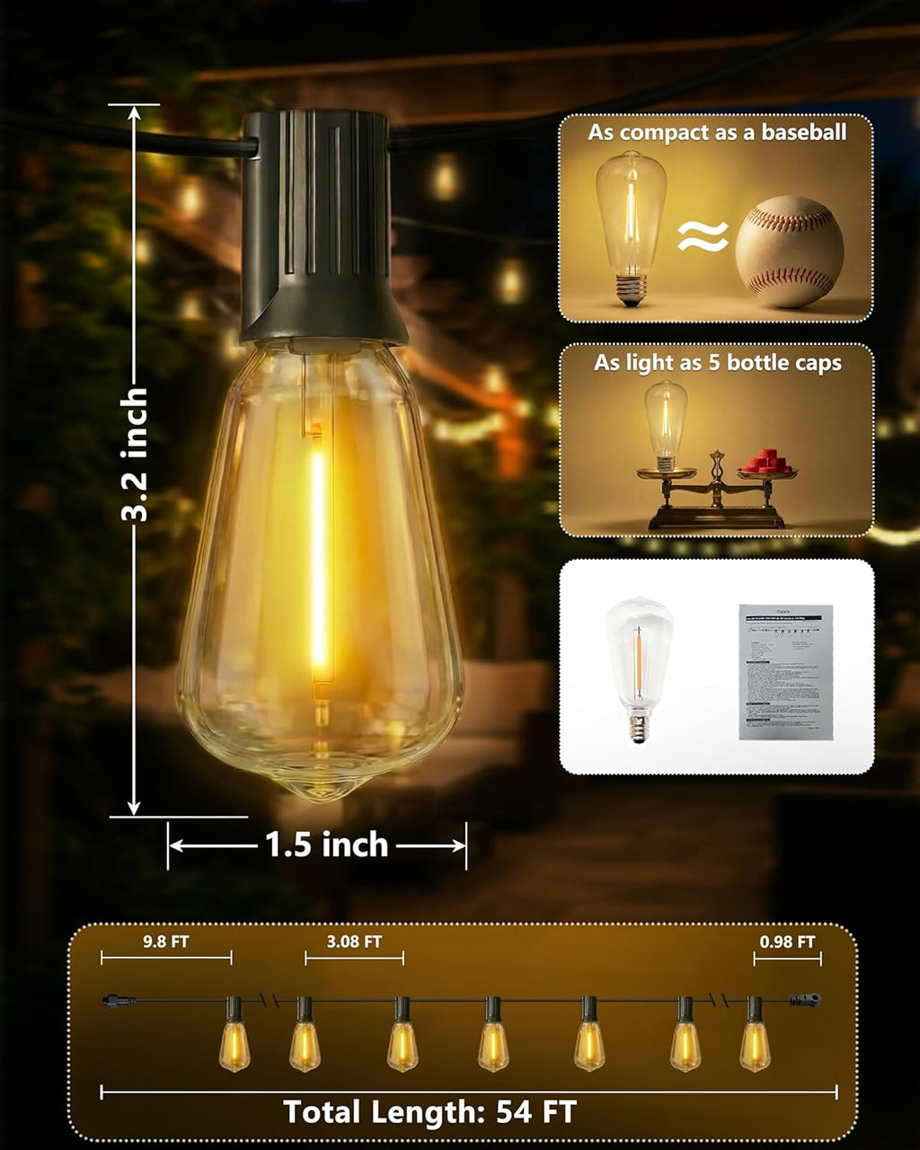 Outdoor String Lights 54FT Connectable ST38 Patio Lights Outdoor Waterproof | 15 Shatterproof Edison Bulbs Dimmable Plug-in, 2700K Warm White Hanging Light for Balcony Backyard Garden Porch Party Decor