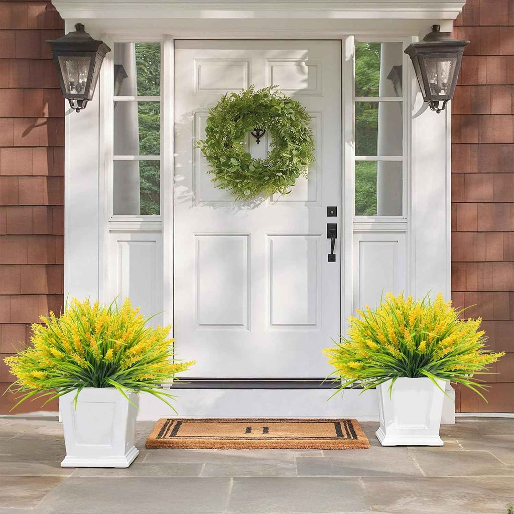 40 Bundles Artificial Lavender Outdoor UV Resistant No Maintain,Yellow | Faux Lavender Flowers with Greenery Monkey Grass,Lifelike Plastic Plants for Garden Porch/Window Box/Patio Hanging Decor