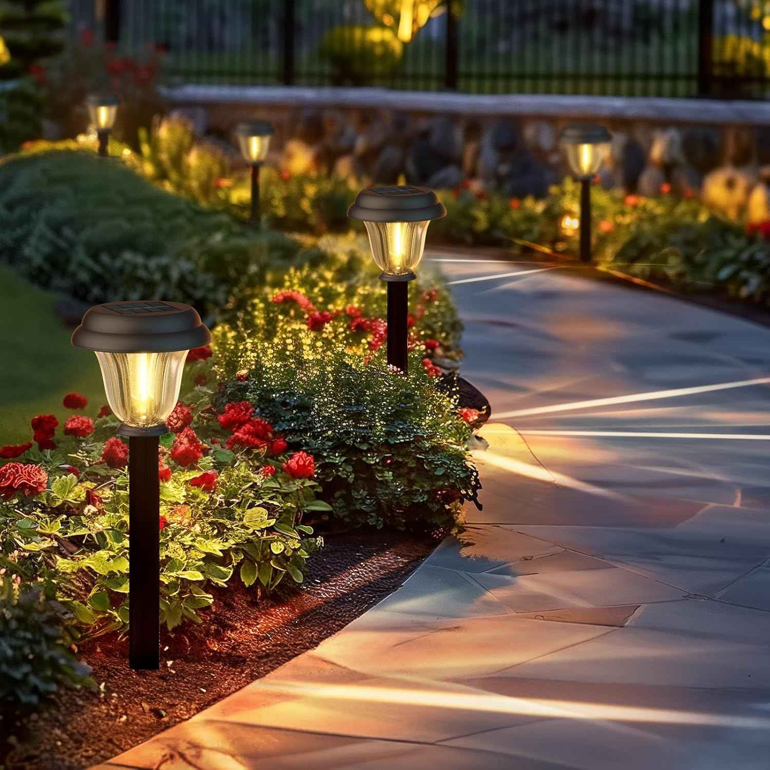 DERAYSION Solar Pathway Lights Outdoor Metal Glass Solar Lights Outdoor | Waterproof Garden Lights 1000mAh Long-Lasting Dusk to Dawn Bright Outdoor Solar Lights for Yard Landscape Path Walkway