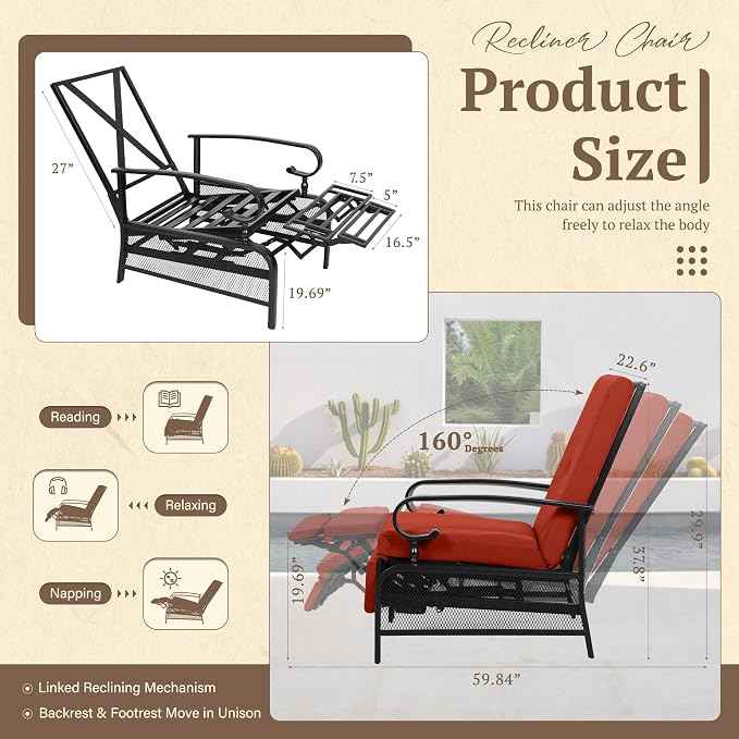 Oakcloud Adjustable Outdoor Lounge Chair Metal Patio Relaxing Recliner Chair Set