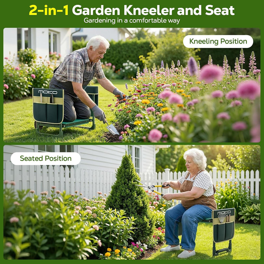 MoKo Garden Kneeler, 350 lb Foldable Garden Kneeler and Seat Tool Bag,Green | 2-in-1 Heavy Duty Gardening Stool,10.2in widened seat cushion and 2 Oxford tool bag, Gardening Gifts for Women, Seniors,