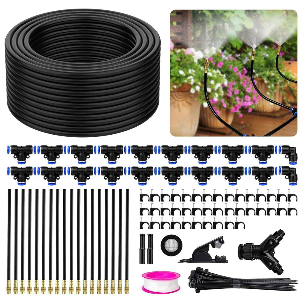 100FT Drip Irrigation Kit System for Garden 360° Adjustable Garden Sprinklers for Yard Watering System with 18 Nozzles Raised Bed Greenhouse Plant Watering Devices Misting System