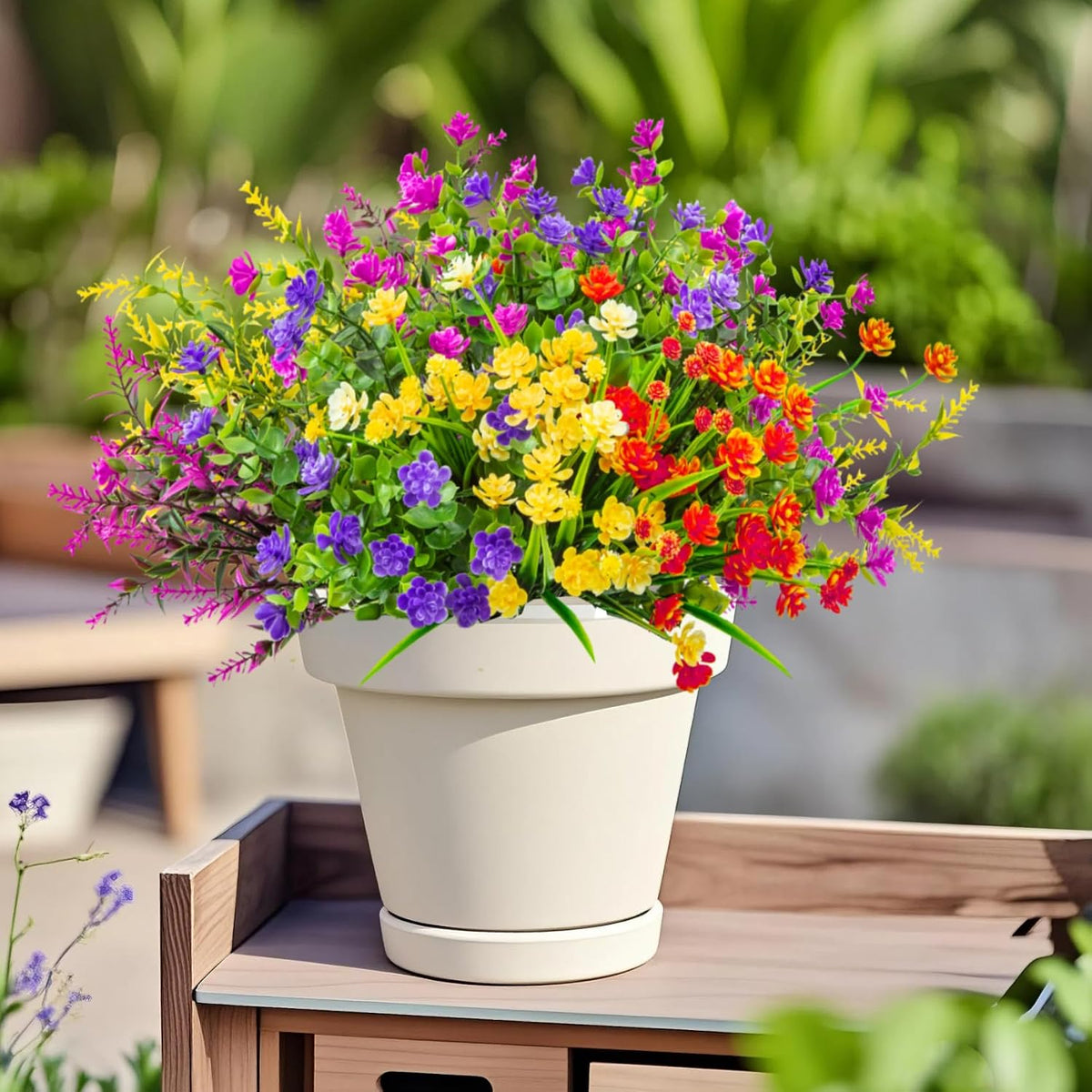 Ouddy Decor 16 Pcs Artificial Flowers for Outdoors Decorations, Mixed Color | fake plastic plants, faux shrubs, greenery wheat grass, UV resistant, garden patio window box office table kitchen home decor