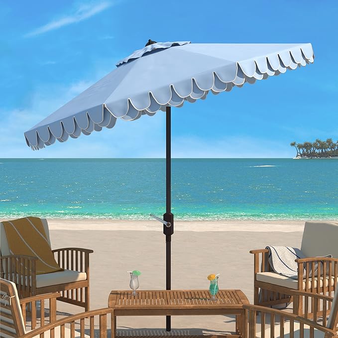 SAFAVIEH 9ft Outdoor Patio Umbrella, Baby Blue & White Trim, Auto Crank Tilt - Image 6