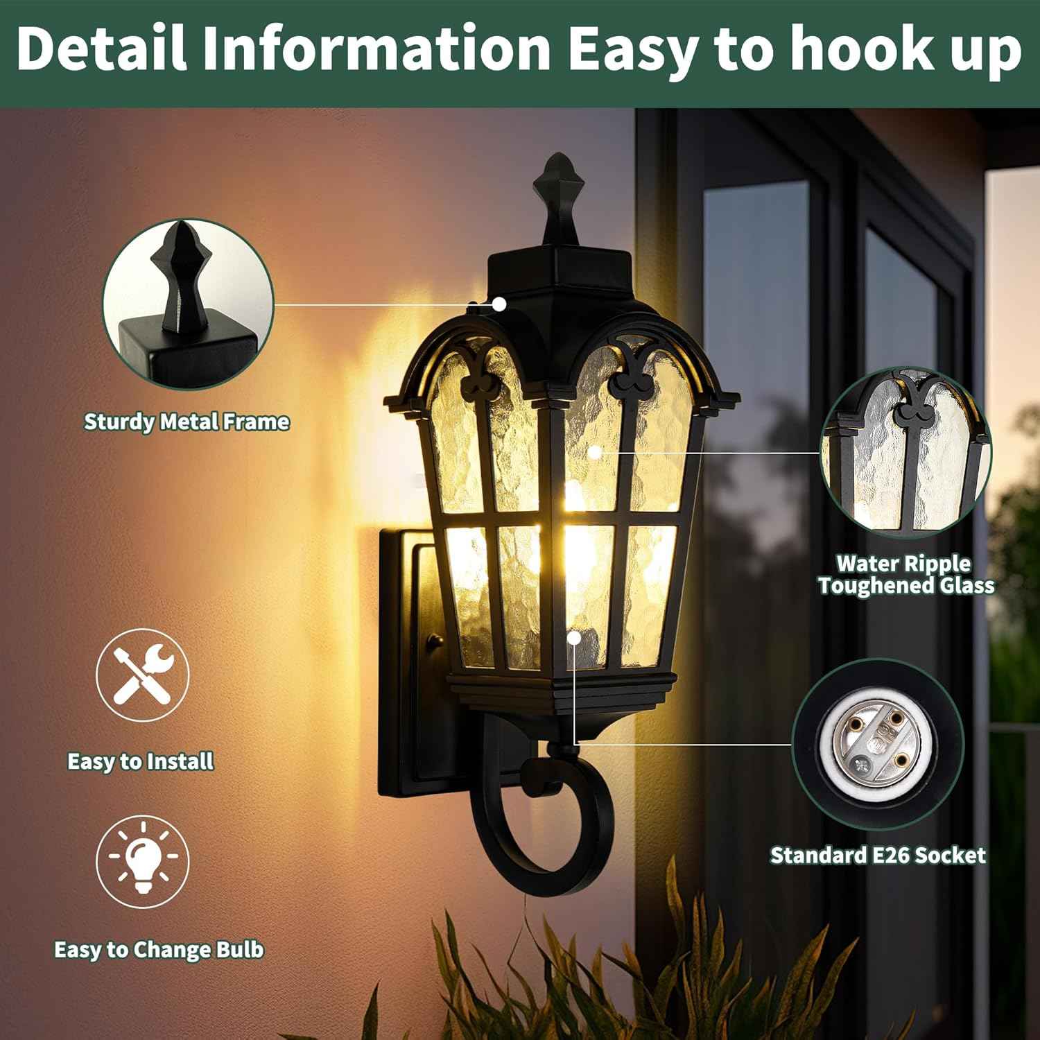 Outdoor Wall Light Fixtures Waterproof Porch Lights Anti-Rust Matte Black Exterior Lighting Fixtures Sconce Lights Outdoor Wall Lantern for Patio Front Door Garage -2 Pack