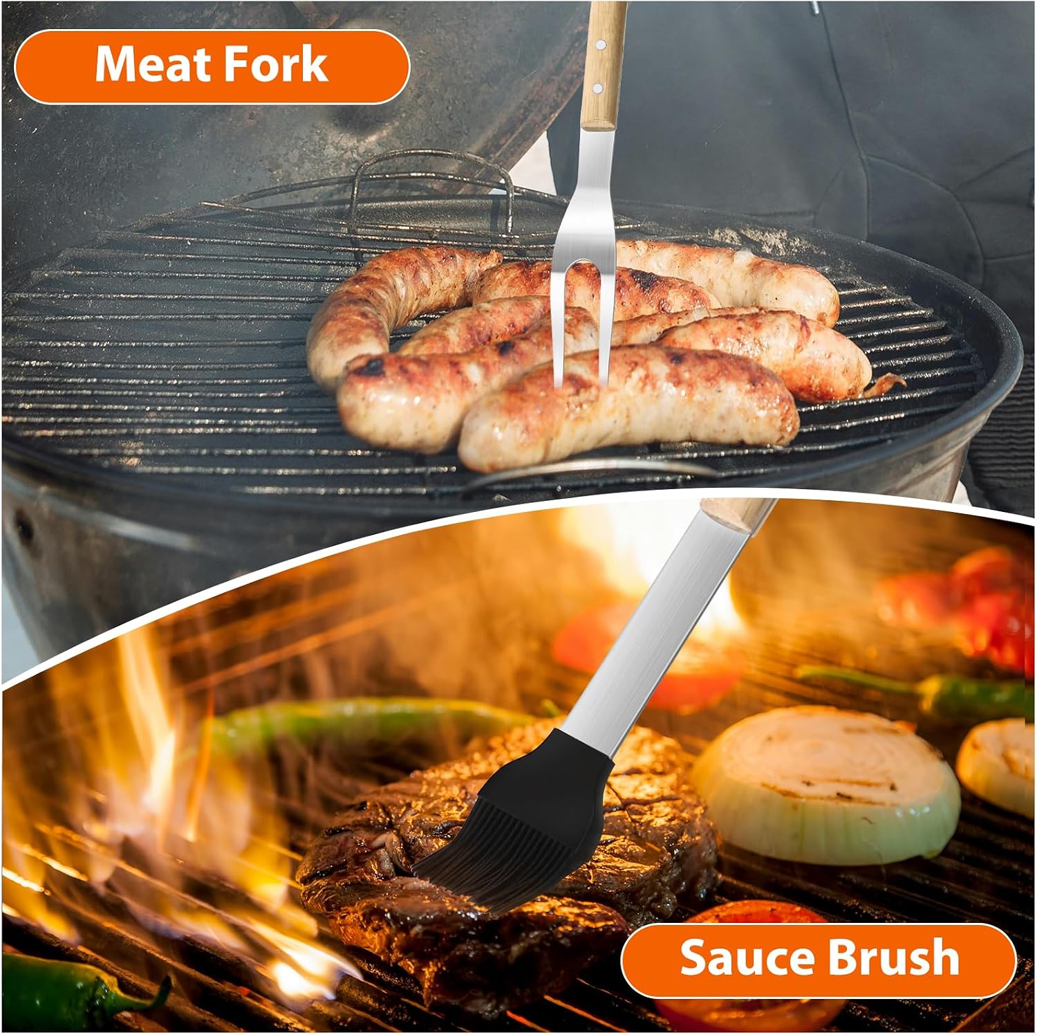 5 pcs Heavy-Duty Wooden BBQ Grilling Tools Set, Extra Thick Stainless Steel Multi-Functional Spatula, Fork, Tong, Oiling Brush & Cleaning Brush - an Excellent Barbecue Gift for Men