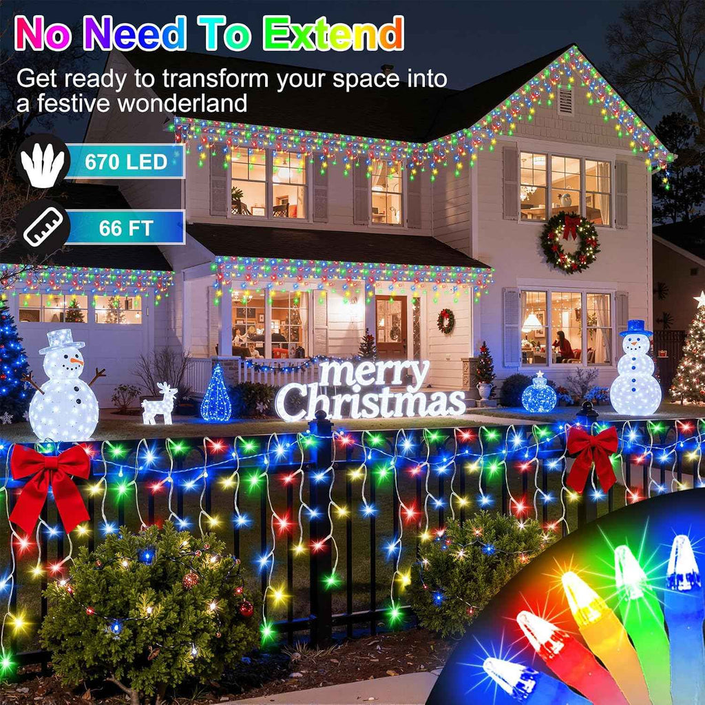 670 LED 66FT Christmas Icicle Lights, 148 Drops, 12 Modes, Multicolor | Weather-resistant Twinkle String Lights with Timer Memory and Dimming for Eaves, Roofs, Windows, Patios Decor